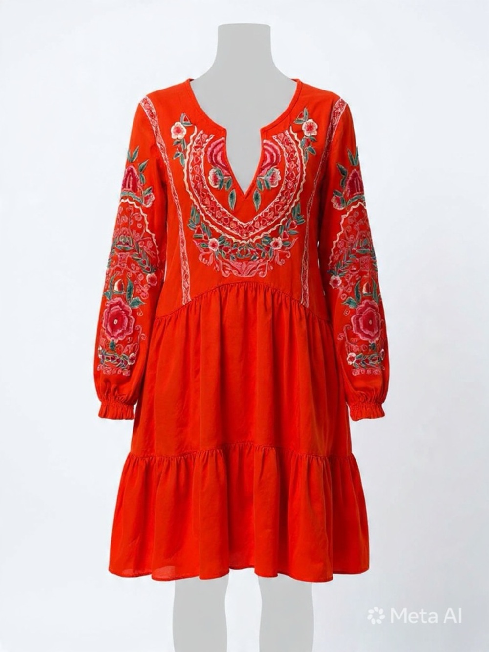 Vintage Collection- Embroidered Vibrant Orange Boho Tiered Tunic Dress-A18
